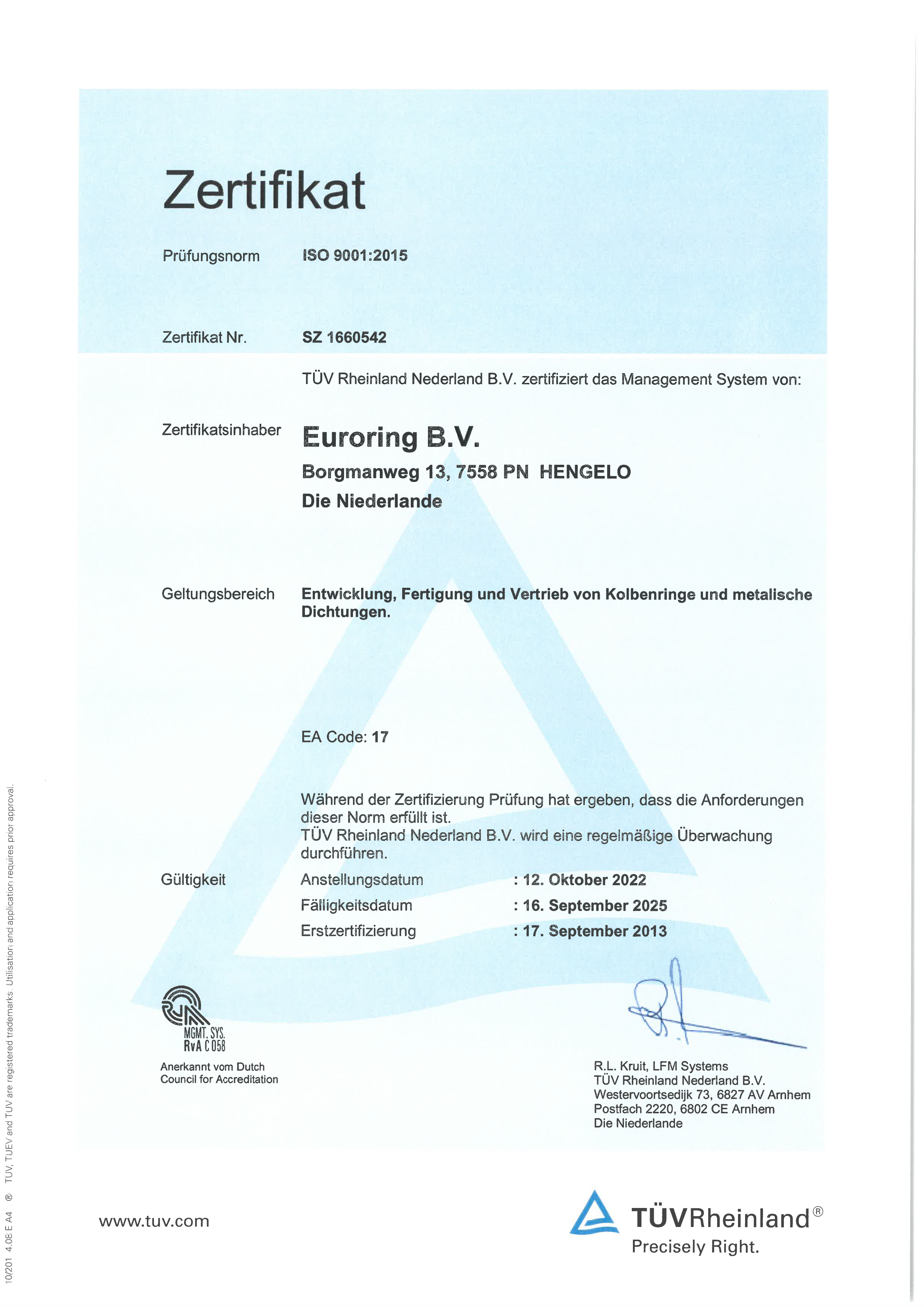 Euroring ISO 9001 Zertifikat